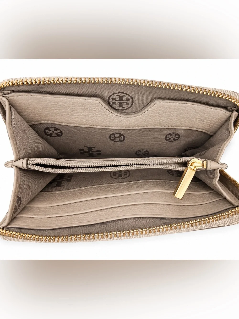Tory Burch Taupe Logo Zip Card Holder with Gold Emblem